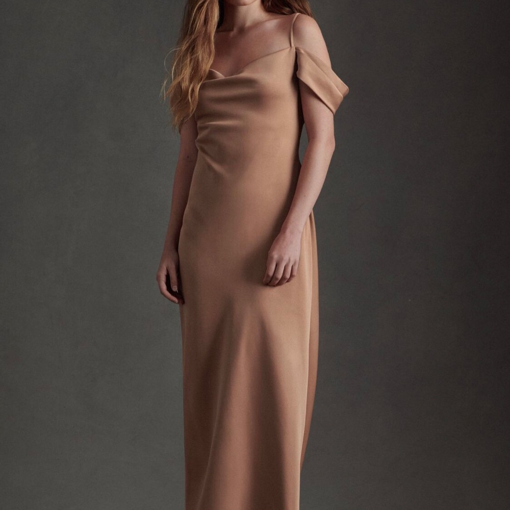 BHLDN Ira Satin Charmeuse Tan Sand Off Shoulder Long Drape Sheen Dress 0 XS